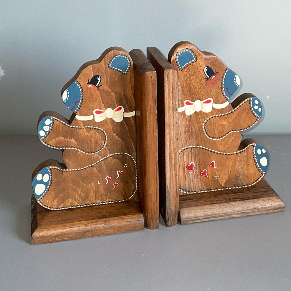Book Ends Teddy Bear Hand Crafted Painted Wooden Home Library Kids Gifts Vintage